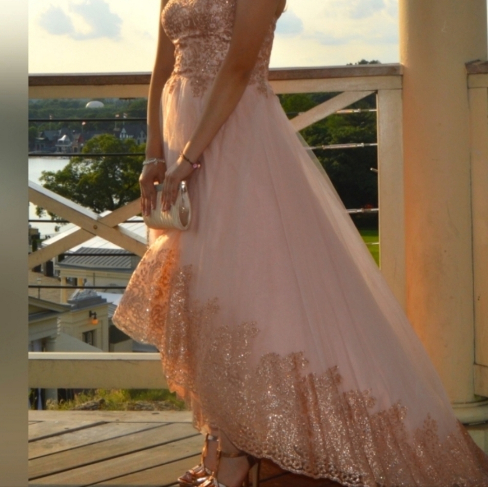 Rose Gold Strapless High-Low Corset Glittery Prom Dress (Size 8)